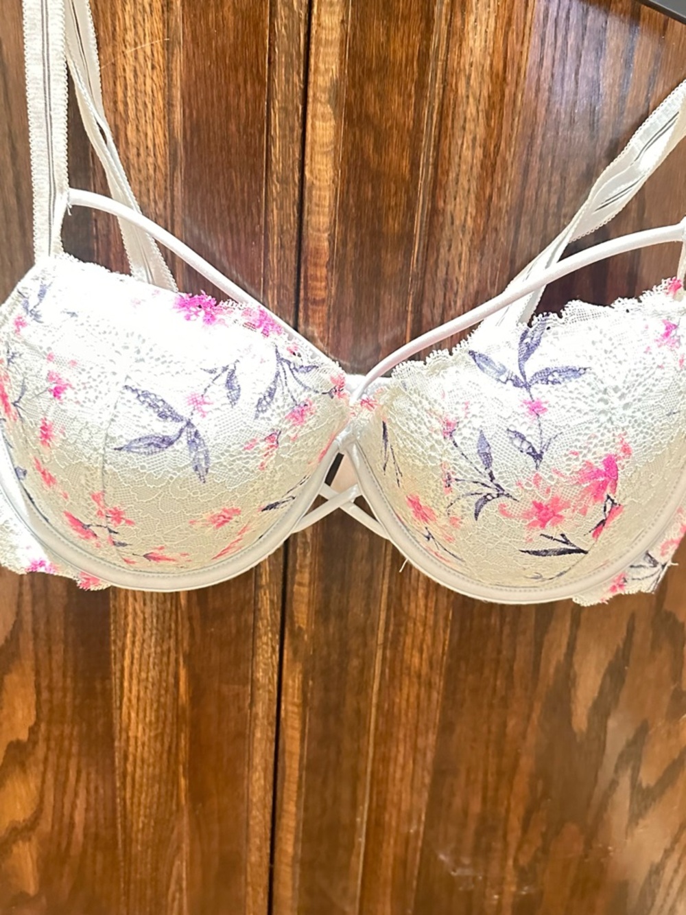 White Floral Lace Balconette Bra with Pink Accents
